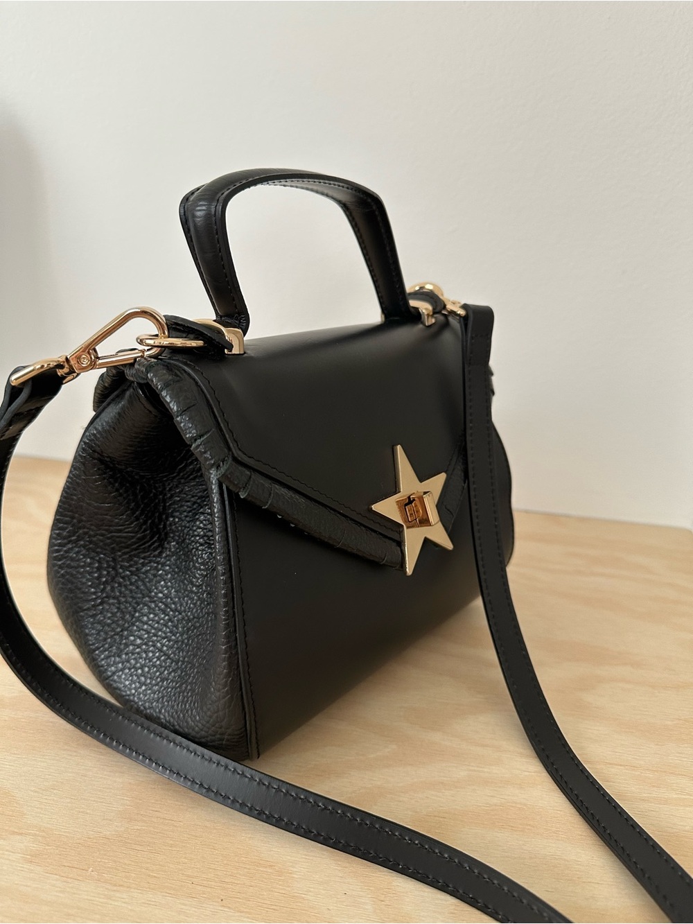 Black Leather Satchel with Gold Star Accent